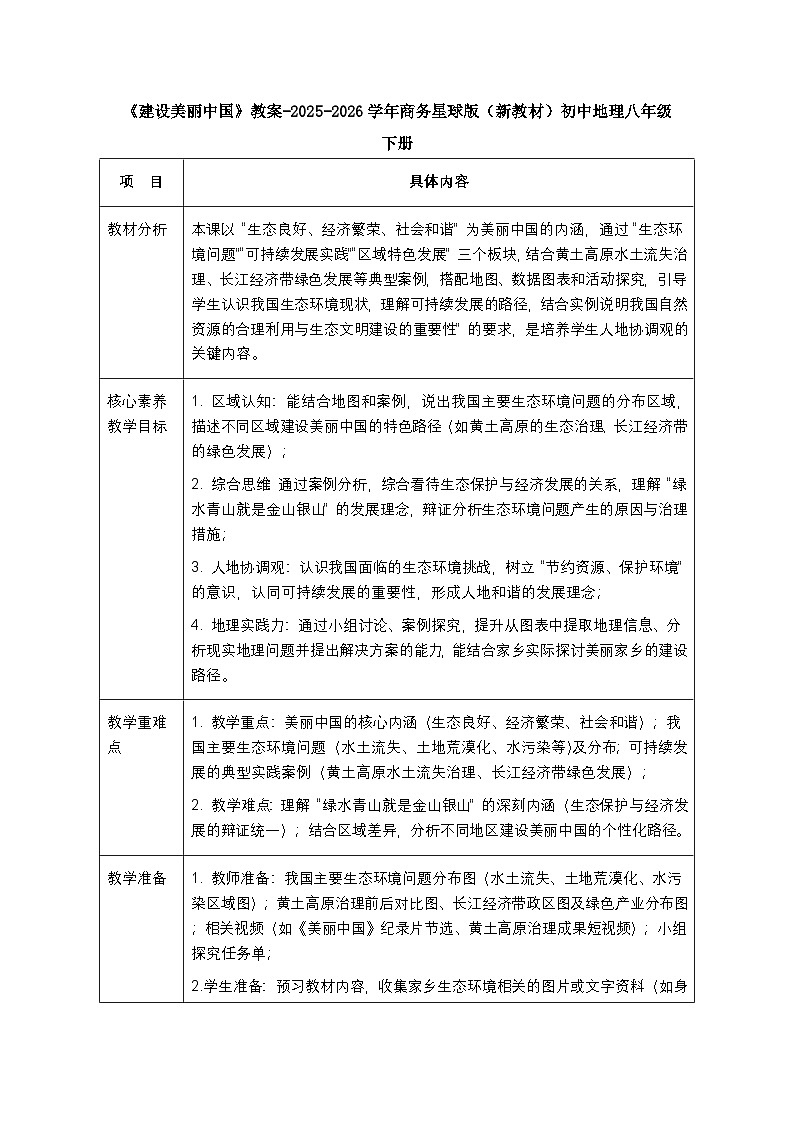 第十章《主题学习 建设美丽中国》教案-2025-2026学年商务星球版（新教材）初中地理八年级下册第1页