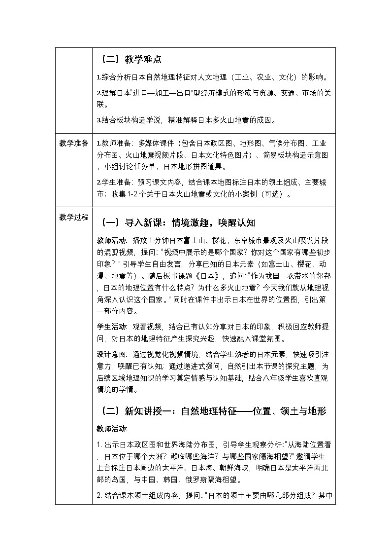 第八章第一节《日本》教案-2025-2026学年中图版（新教材）初中地理八年级下册第2页
