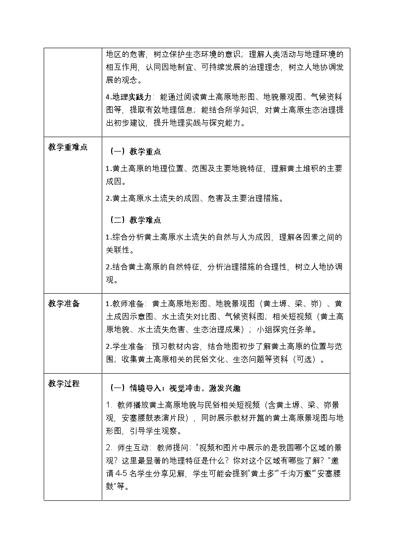 第七章第三节《世界最大的黄土堆积区—黄土高原》教案（表格式）-2025-2026学年人教版（新教材）初中地理八年级下册第2页