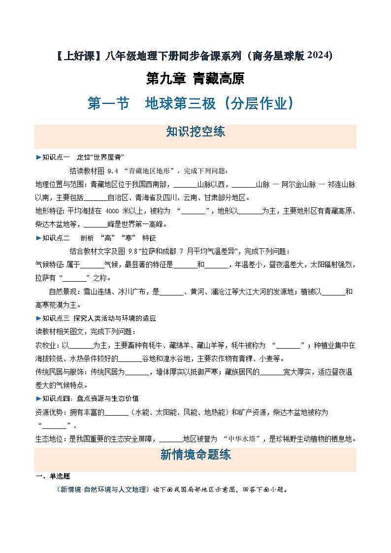 26地理新教材商务星球版八年级下册第一节 地球第三极（分层作业）（原卷版）无答案第1页