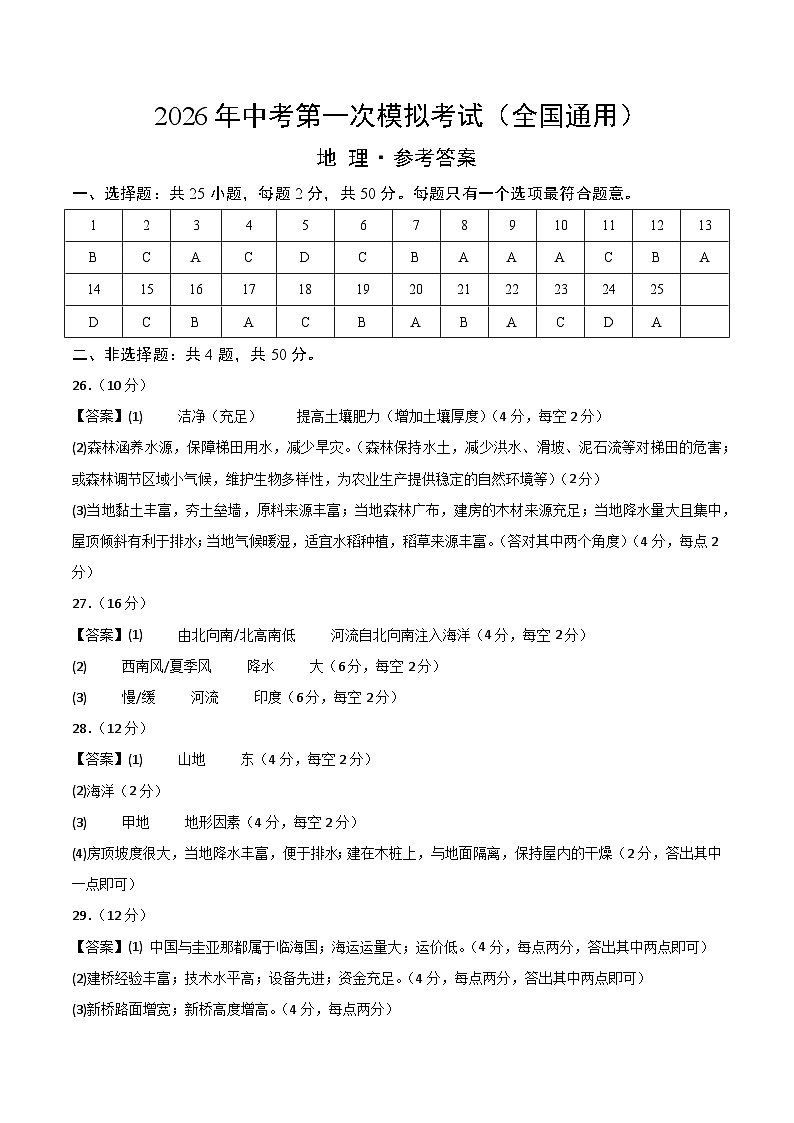 地理一模突破卷（全国通用）（参考答案）第1页