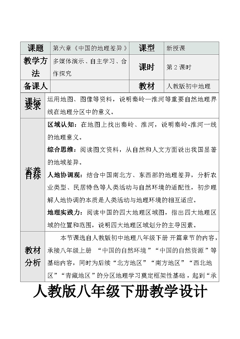 人教版2024初中地理八下第六章《中国的地理差异（第二课时）》教学设计第1页