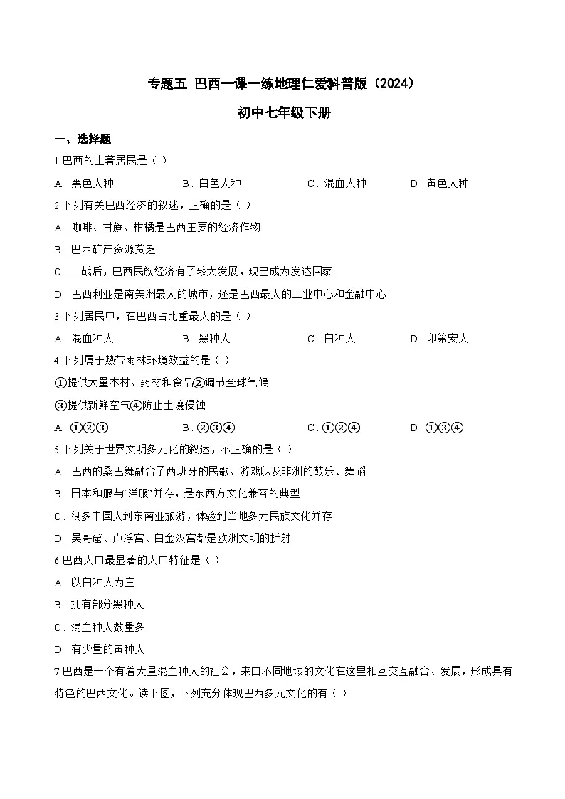 专题五 巴西一课一练地理仁爱科普版（2024）初中七年级下册(无答案)第1页