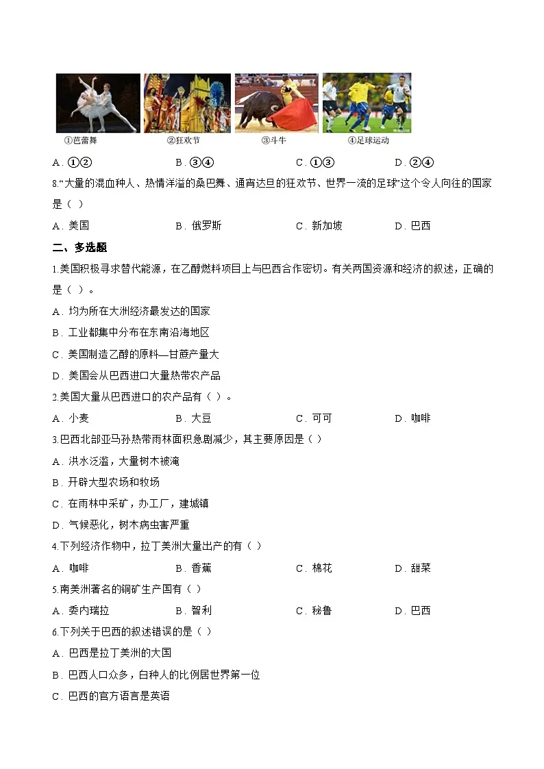 专题五 巴西一课一练地理仁爱科普版（2024）初中七年级下册(无答案)第2页