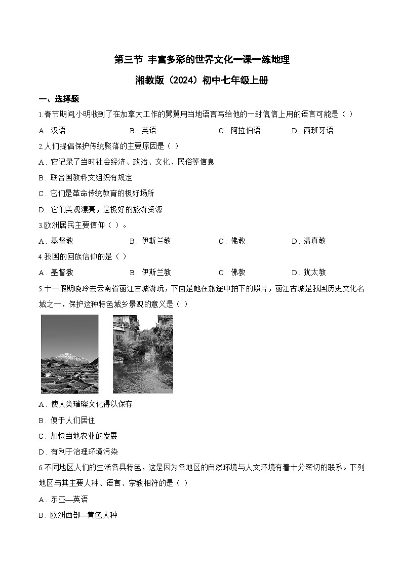 第三节 丰富多彩的世界文化一课一练地理湘教版（2024）初中七年级上册(无答案)第1页
