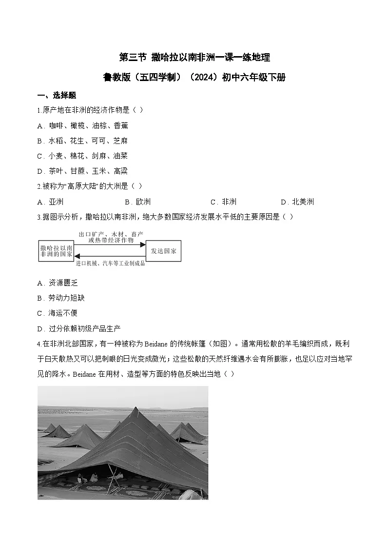 第三节 撒哈拉以南非洲一课一练地理鲁教版（五四学制）（2024）初中六年级下册(无答案)第1页