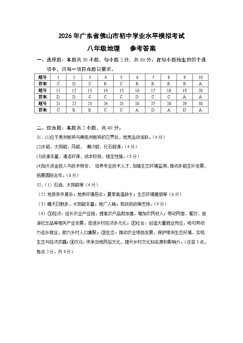 2026年广东省佛山市初中学业水平模拟考试地理 （参考答案）第1页