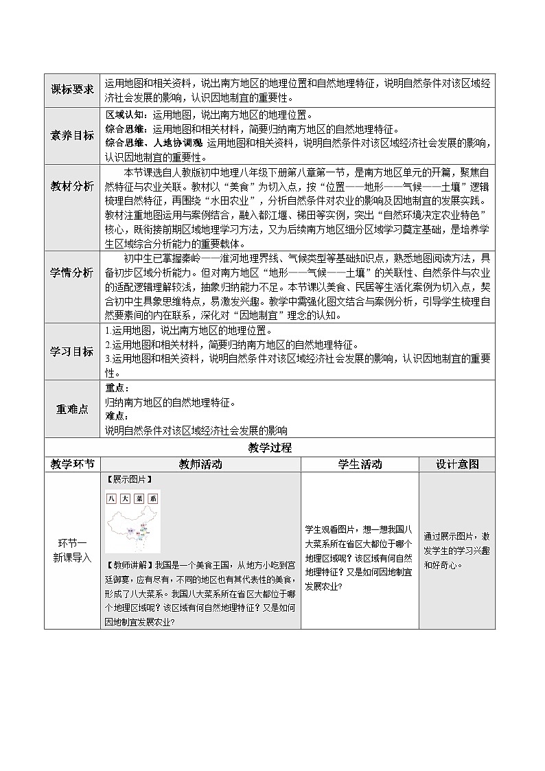 人教版2024初中地理八下8-1《南方地区的自然特征与农业》教学设计第1页