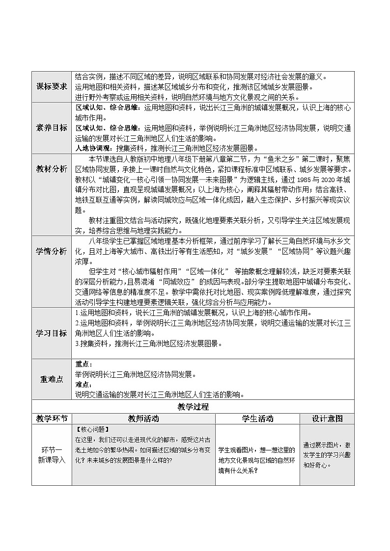人教版2024初中地理八下8-2《“鱼米之乡”——长江三角洲地区（第2课时）》教学设计第1页