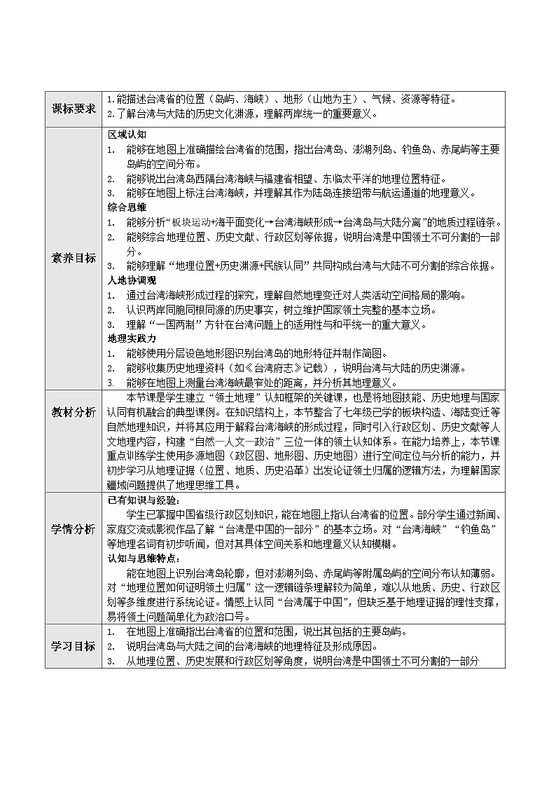 人教版2024初中地理八下8-4《祖国的神圣领土——台湾省（第1课时）》教学设计第1页