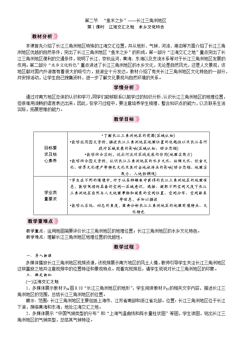 2026年八年级下册 地理 人教版（2024）电子教案第2节　“鱼米之乡”——长江三角洲地区第1课时　江海交汇之地　水乡文化特色第1页