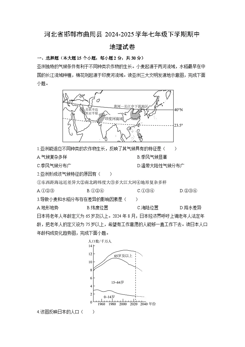 2024-2025学年河北省邯郸市曲周县七年级下学期期中地理试卷（学生版）第1页
