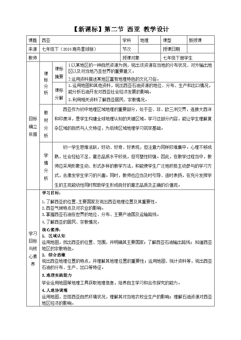 第七章认识区域7.2西亚  教学设计 2025-2026学年星球版七年级地理下册第1页