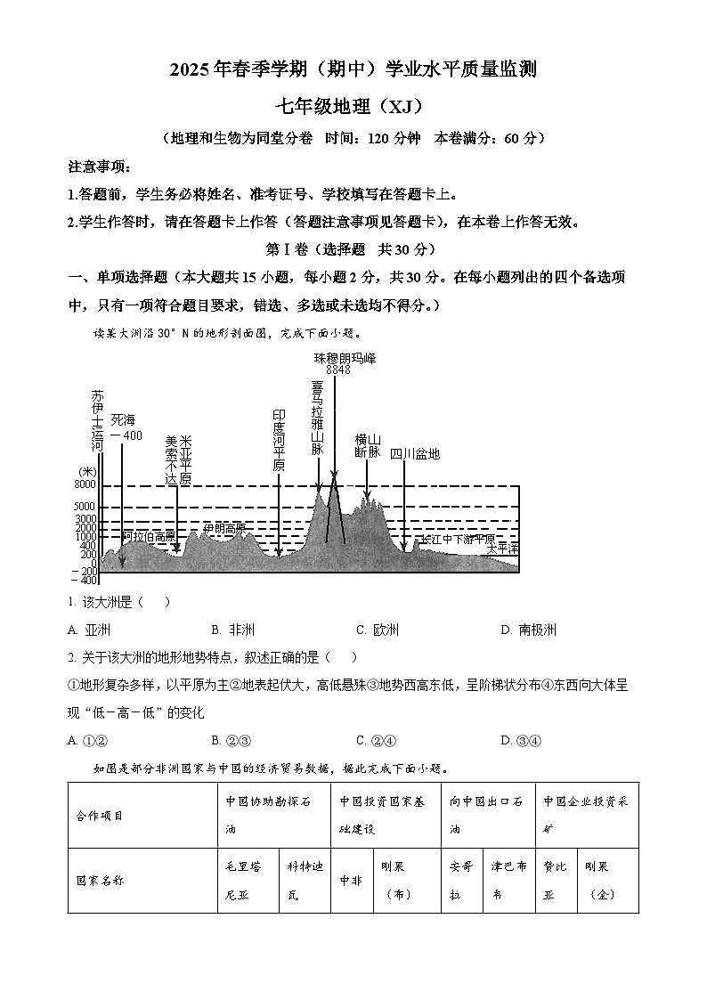 广西来宾市象州县七年级下学期期中地理试题-A4第1页