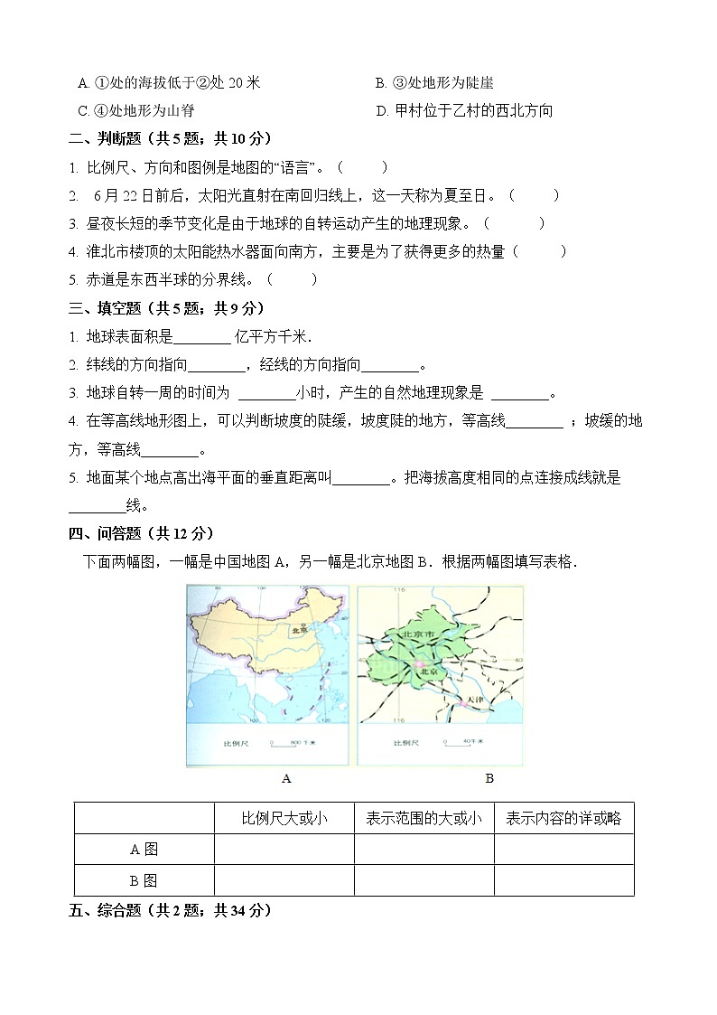 人教版  七年级地理上册 第一章 地球和地图  单元测试（word版含答案）02