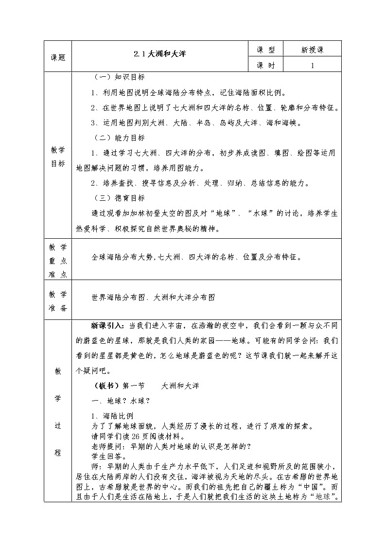 人教版七年级上册地理全册教案2.1 大洲和大洋01