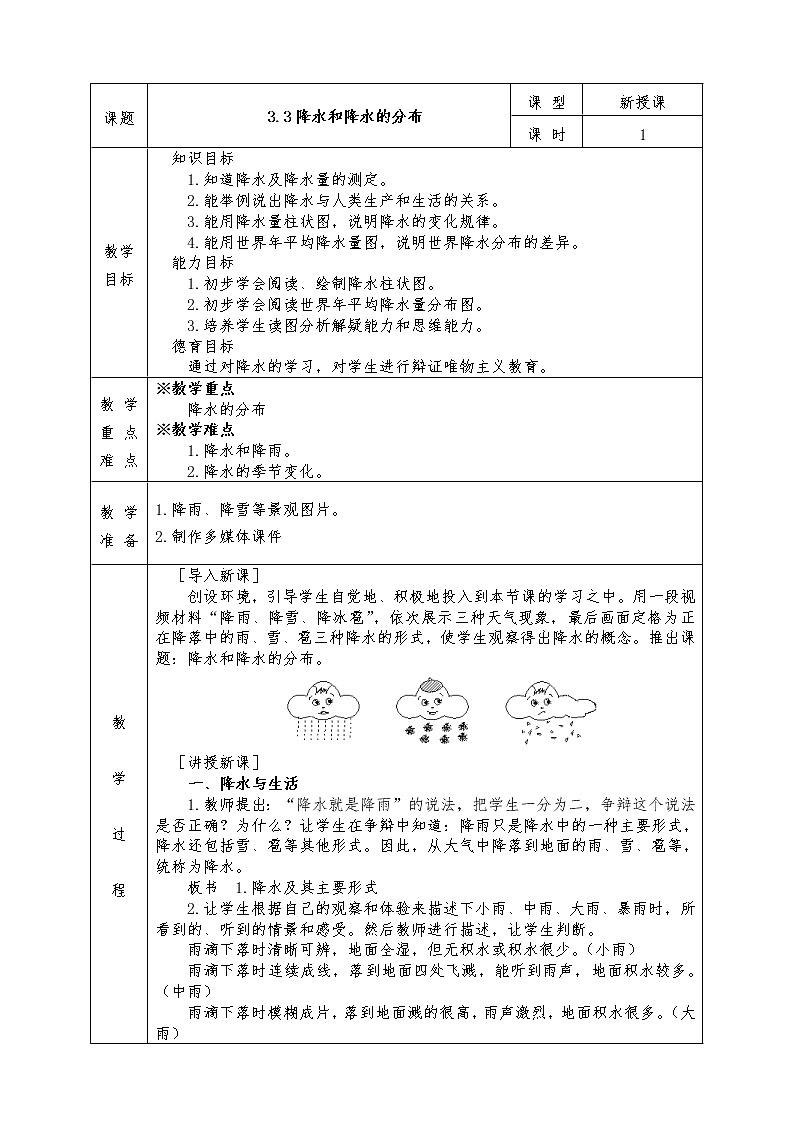 人教版七年级上册地理全册教案3.3 降水和降水的分布01