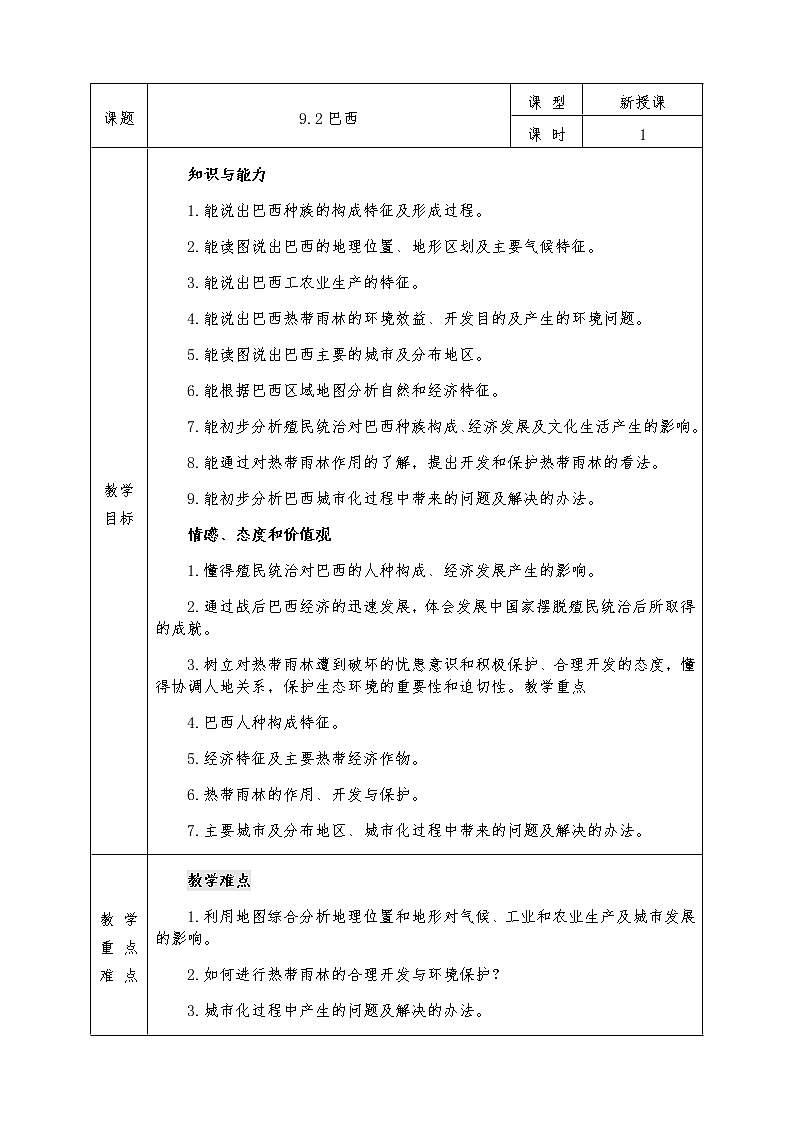 人教版七年级下册地理全册教案9.2 巴西01