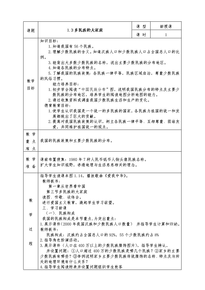 人教版八年级上册地理全册教案1.3 多民族的大家庭01