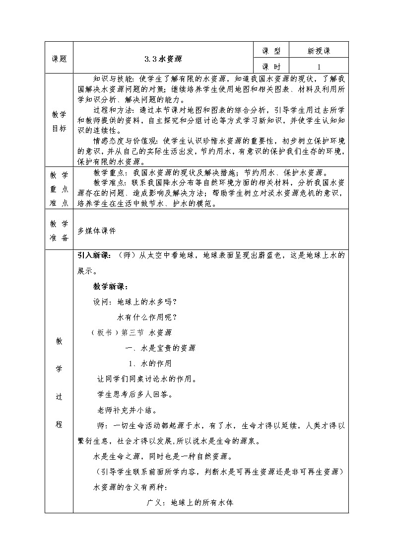 人教版八年级上册地理全册教案3.3 水资源第1页