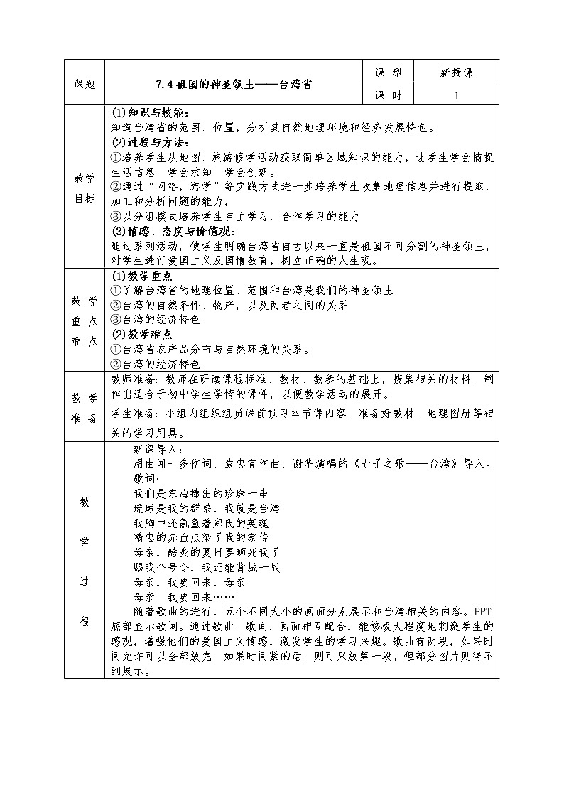 人教版八年级下册地理全册教案7.4 祖国的神圣领土——台湾省01