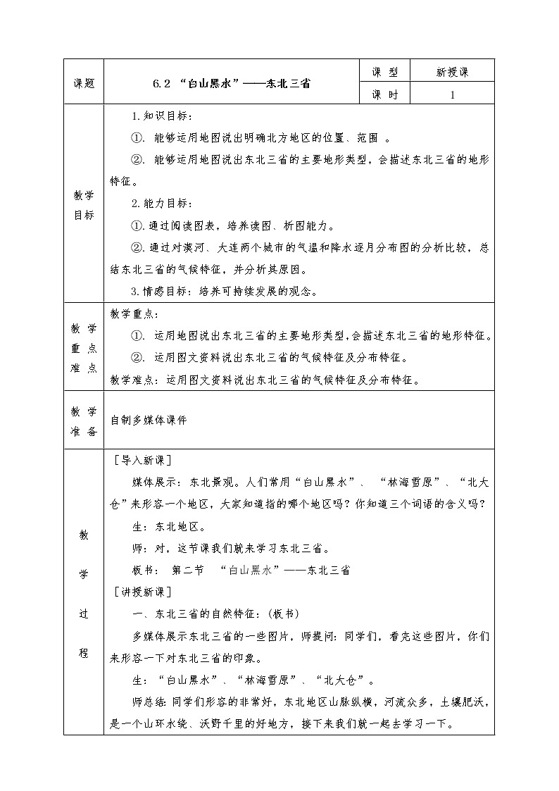 人教版八年级下册地理全册教案6.2 “白山黑水”——东北三省01