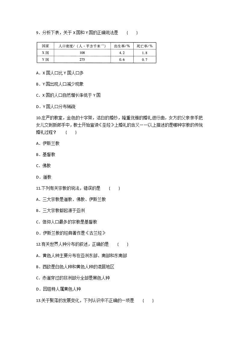 2020年人教版地理七年级上册第四章《居民与聚落》单元测试题及答案（2）03