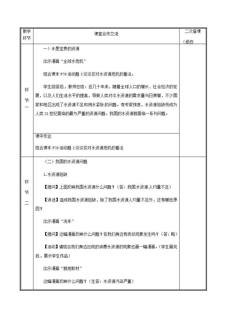 2020年人教版八年级地理上册3.3《水资源》教案(表格版)第2页