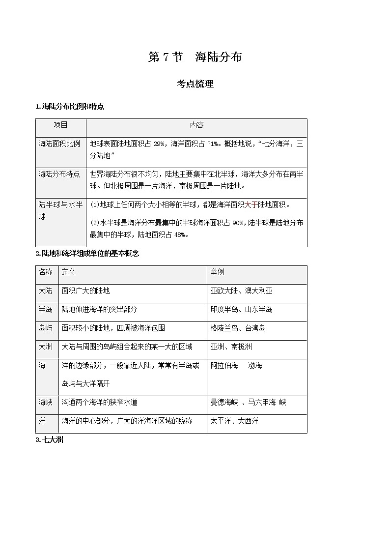 2021年人教版中考地理一轮复习 考点梳理+真题回顾  7 海陆分布01
