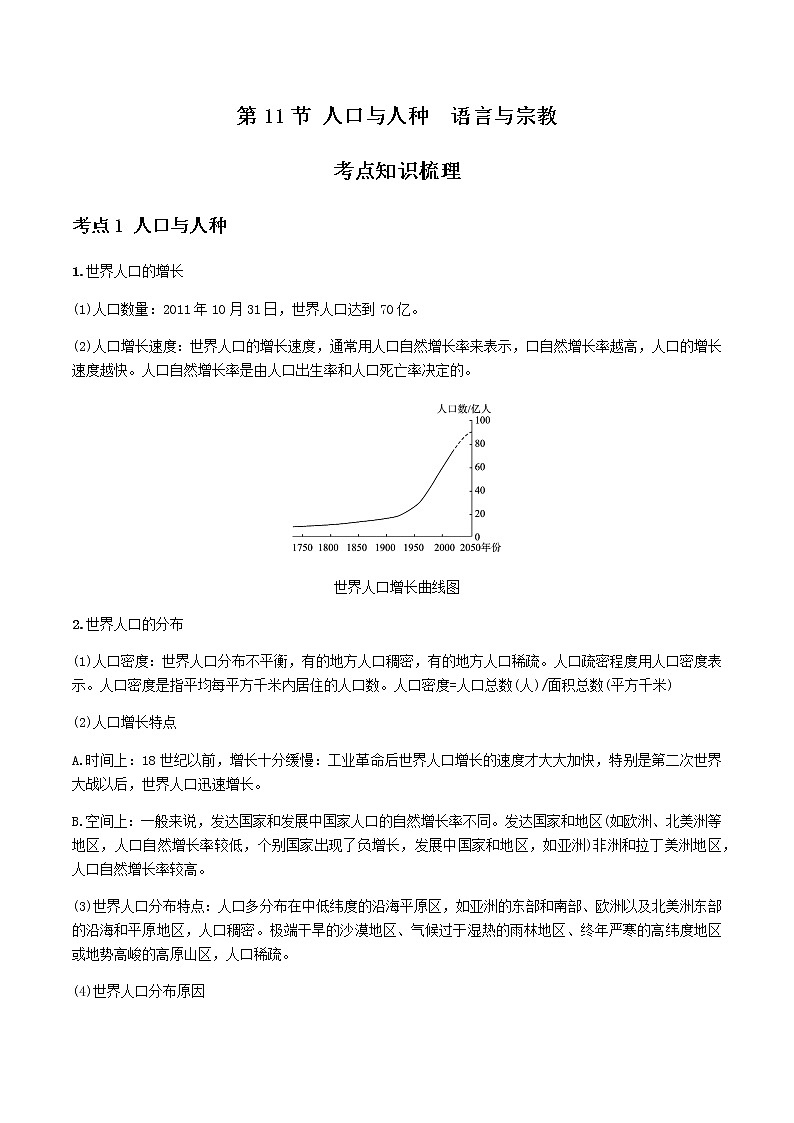 2021年人教版中考地理一轮复习 考点梳理+真题回顾  11 人种与人口 语言与宗教01