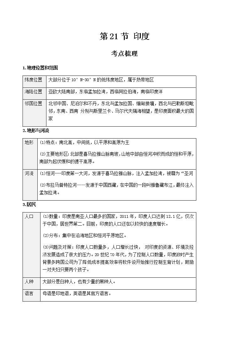 2021年人教版中考地理一轮复习 考点梳理+真题回顾  21 印度01