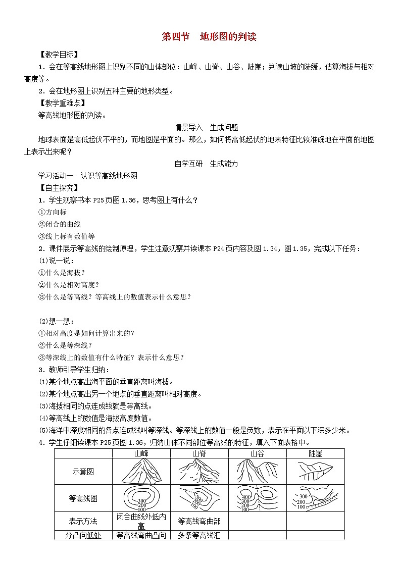 人教版2020年七年级地理上册1.4《地形图的判读》教案01