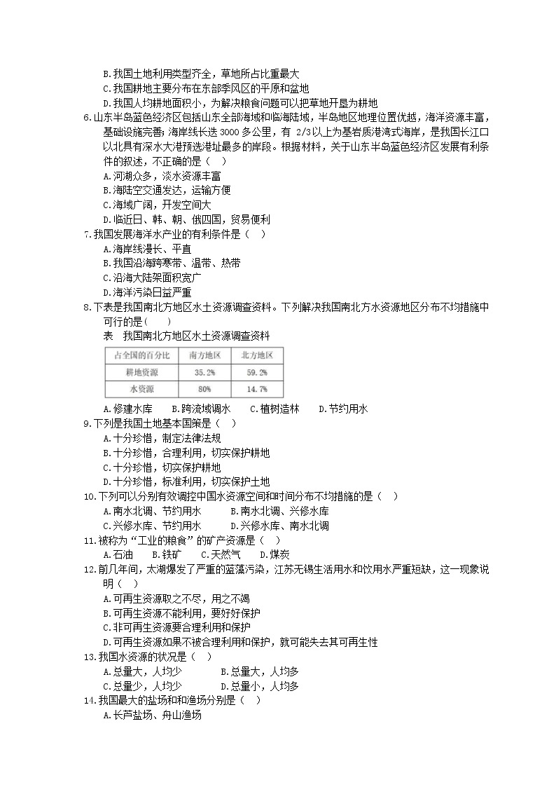 人教版2020年八年级地理上册单元测试《中国的自然资源》（含答案）02