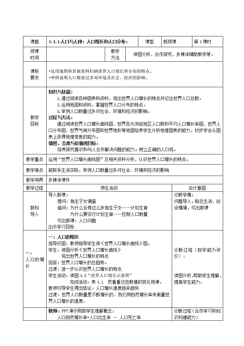人教版七年级地理上册 第4章第1节 人口与人种教案01