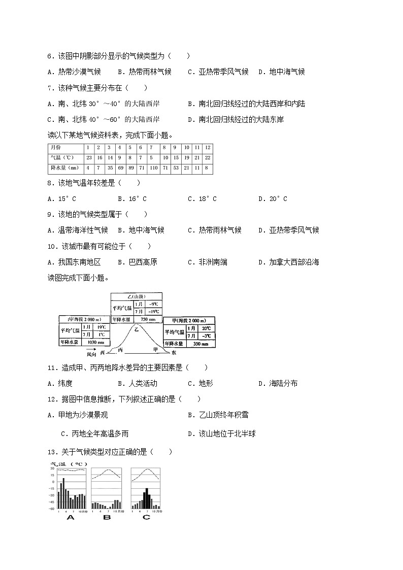 人教版七年级地理上册第三章第四节世界的气候同步测试（含答案）02