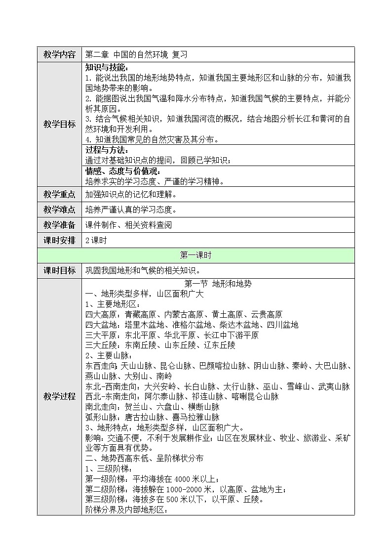 八年级上册地理第二章复习 教案01