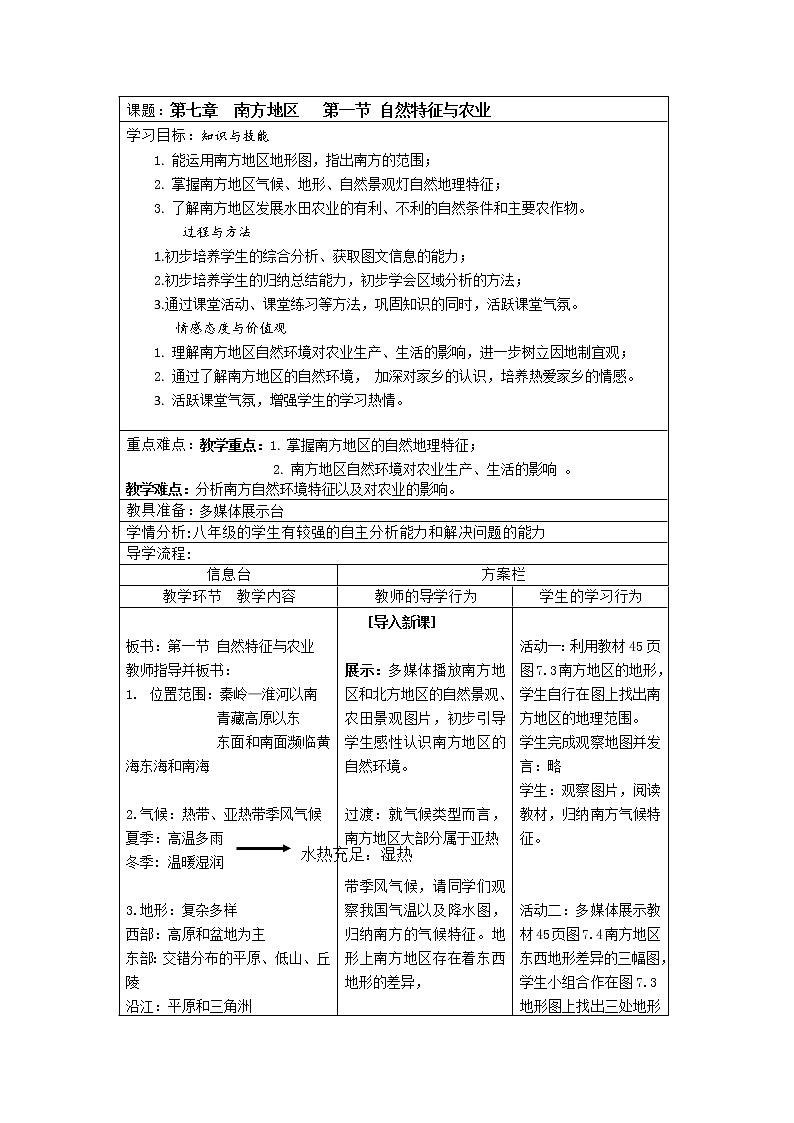 人教版2020-2021学年八年级下册地理教案-7.1自然特征与农业　01
