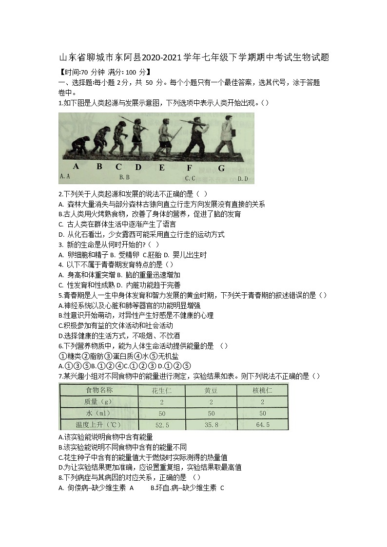 山东省聊城市东阿县2020-2021学年七年级下学期期中考试生物试题（word版含答案）第1页