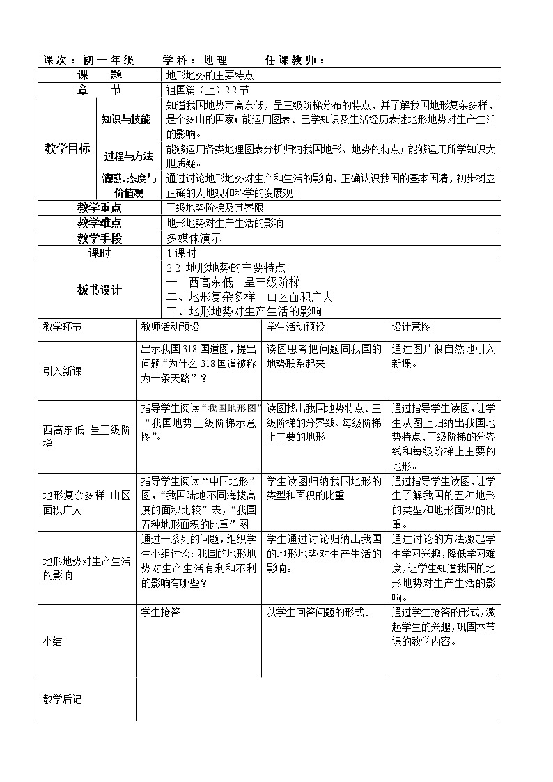 沪教版（上海）地理七年级上册-2.2 地形地势的主要特点  教案01