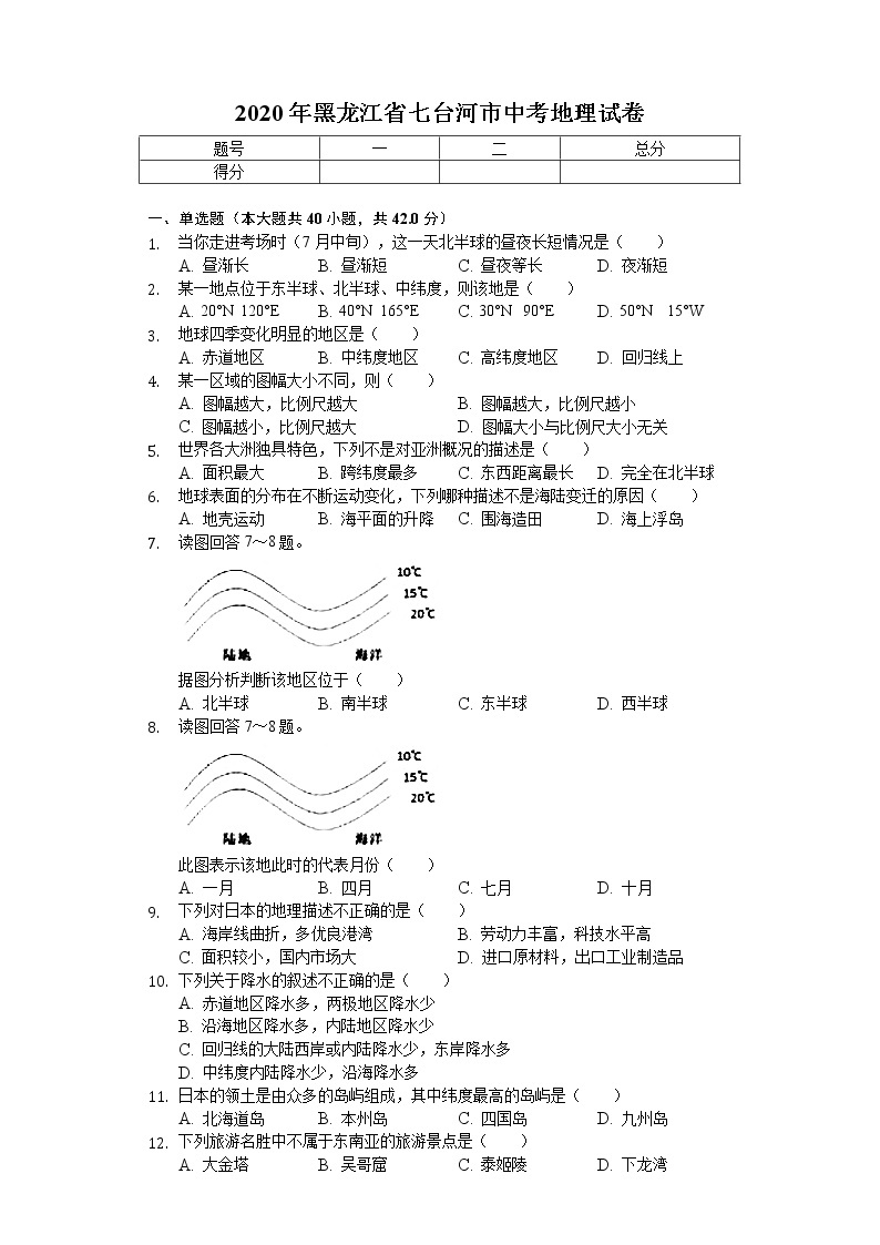 2020年黑龙江省七台河市中考地理试卷01