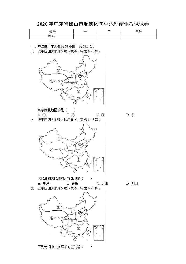 2020年广东省佛山市顺德区初中地理结业考试试卷01