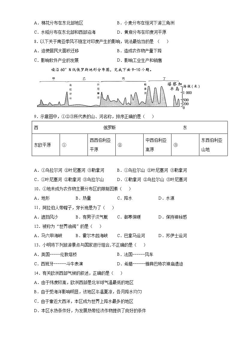 2020--2021学年人教版地理七年级下册 期末复习综合试卷（一）（word版 含答案）02