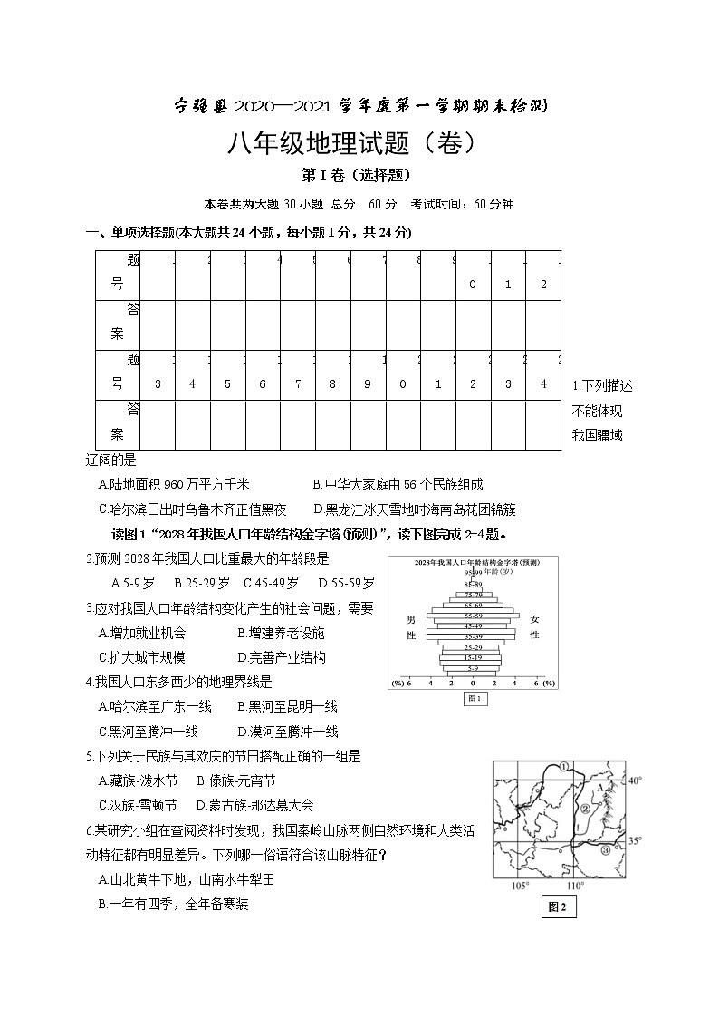 陕西省汉中市宁强县2020-2021学年八年级上学期期末考试地理试题（word版 含答案）01