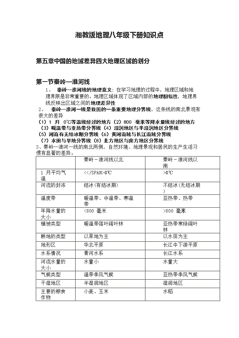湘教版地理八年级下册知识点01