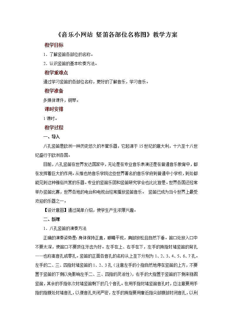 【教学方案】《音乐小网站+竖笛各部位名称图》+示范教案第1页