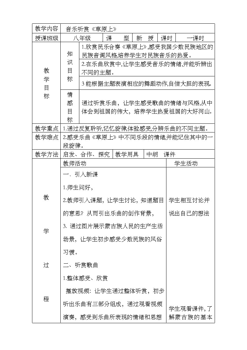 湘音8下 2.1.2草原上  教案01
