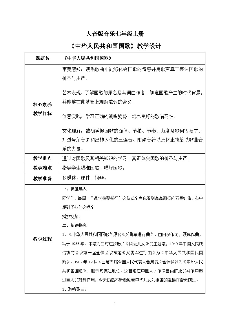 【核心素养目标】人音版音乐七上《中华人民共和国国歌》课件+教学设计+素材01