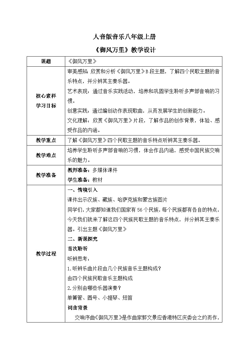 【核心素养目标】人音版（2012）音乐八上1.6 《御风万里》教学设计第1页