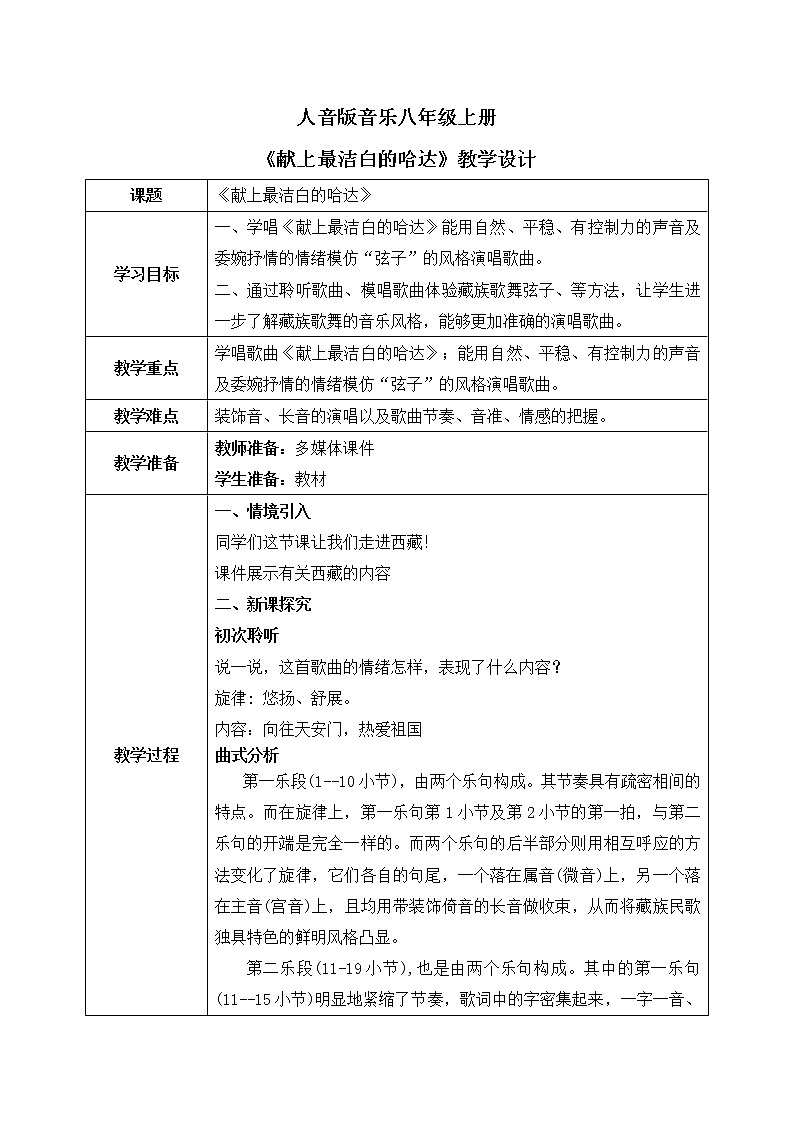 【核心素养目标】人音版（2012）音乐八上3.1 《献上最洁白的哈达》课件+教学设计+素材01