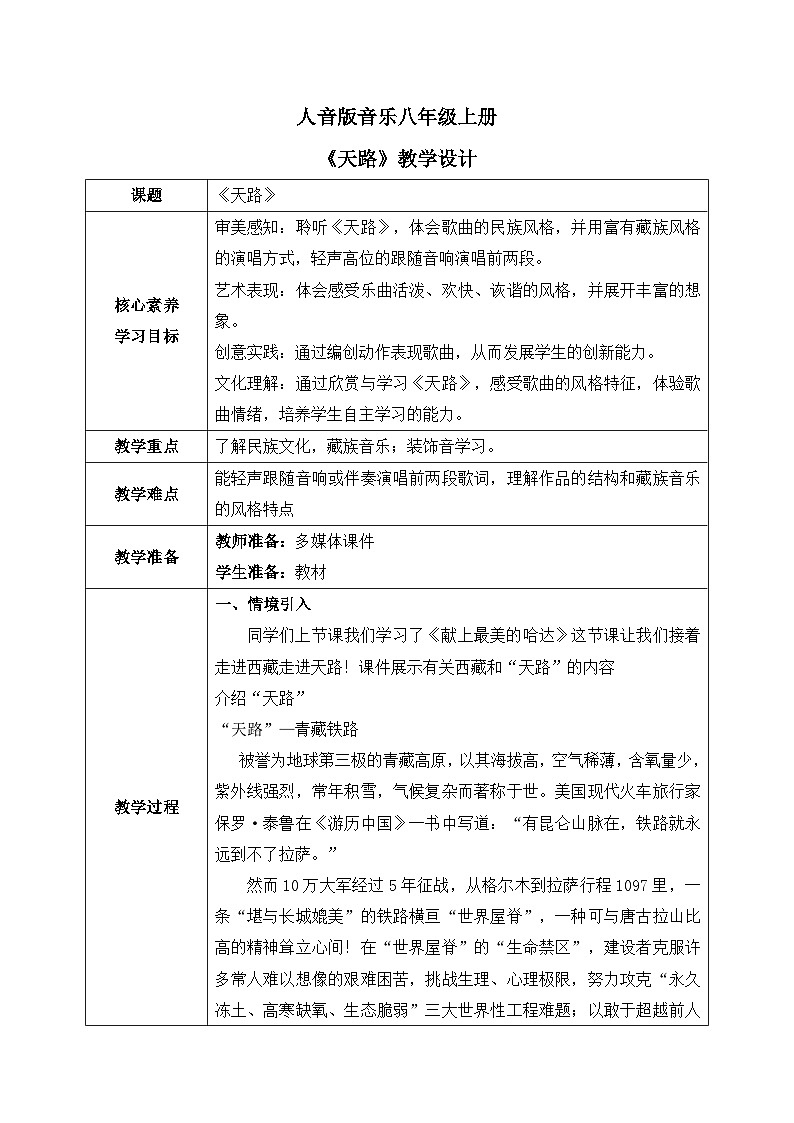 【核心素养目标】人音版（2012）音乐八上3.2《天路》课件+教学设计+素材01